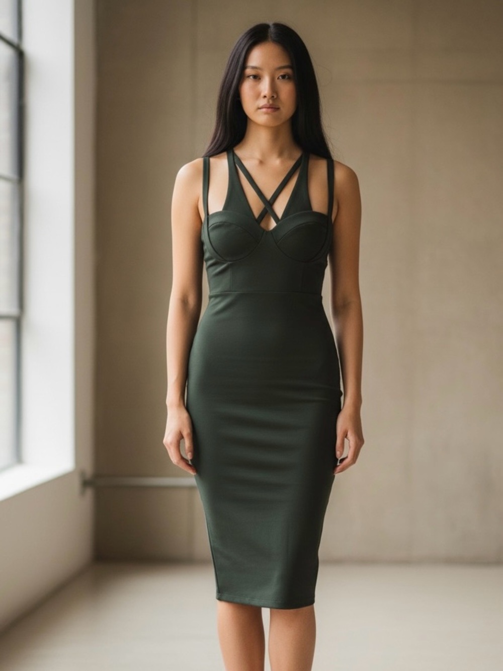 ASOS Strappy Bustier Midi Dress in Olive Green Size 8